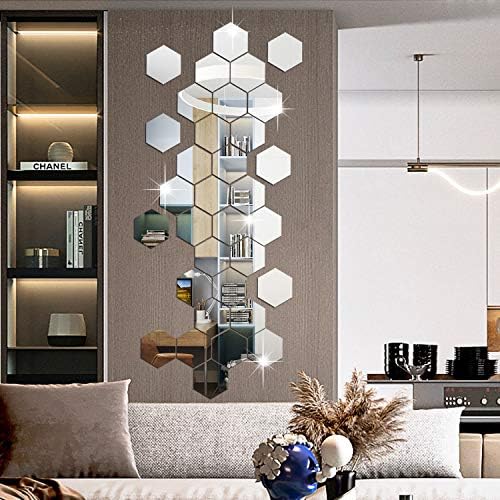 RW-103 36 PCS Acrylic Mirror Wall Stickers Hexagon Mirror Wall Decals DIY Removable 3D Geometric Hexagon Mirror Art Setting Wall Decor for Bedroom Living Room Office Kitchen Home Decoration (Silver)