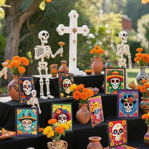 Adduster Day of The Dead Poster - 9 Piece Day of the Dead Decorations | Sugar Skull Wall Art Sugar Skull Art Print for Mexico Day Day of the Dead Halloween Wall Decor Living Room Decor (colorful)
