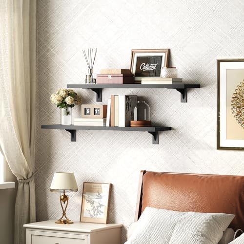 HOOBRO Floating Shelves for Wall, 23.6" Wall Mounted Shelves Set of 2, Hanging Storage Shelf with Metal Brackets, Wooden Shelf for Living Room, Bedroom, Bathroom, Black BK62BJP201G1