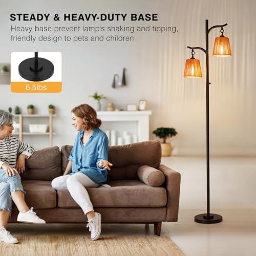 9MMML Rattan Floor Lamp for Living Room, Boho Floor Lamp with 2 Hanging Wicker Lamp Shade, 67'' Farmhouse Dimmable Black Standing Lamp with Rotary Switch for Bedroom, 2 x 800LM LED Bulbs Included
