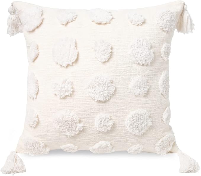 PLWORLD Boho White Pillow Cover 18x18, Tufted Cream Chenille Case with Pom Poms & Tassels, 1PC Cover Only, No Insert