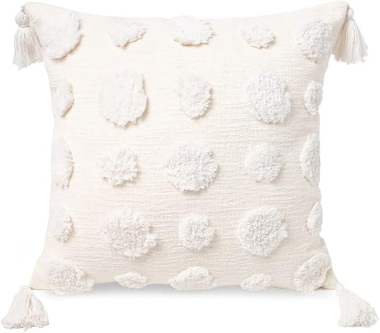 PLWORLD Boho White Pillow Cover 18x18, Tufted Cream Chenille Case with Pom Poms & Tassels, 1PC Cover Only, No Insert