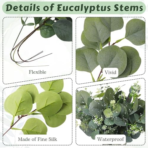 Eucalyptus Leaves Stems 60 PCS, 4 Kinds Mixed Artificial Greenery Stems for Wedding Decor Vase Floral Arrangement Centerpiece