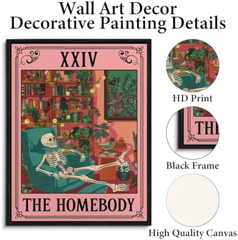 Spooky Framed Wall Art the Homebody Tarot Card Poster Wall Decor | Sarcastic Skeleton Print Painting for Home Office Living Room Bedroom Decoration 11.5x15 Inches