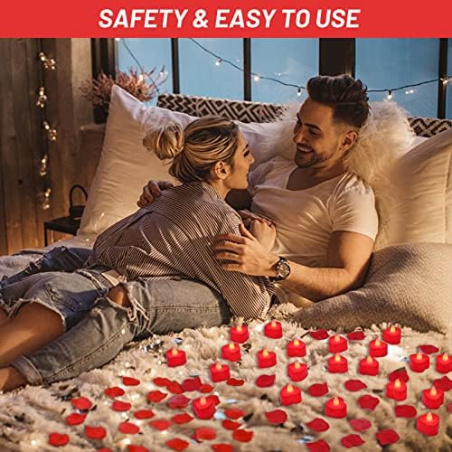 Cridoz Rose Petals for Romantic Night - Artificial Red Rose Petals with LED Candles for Decoration, Wedding, Valentine's Day