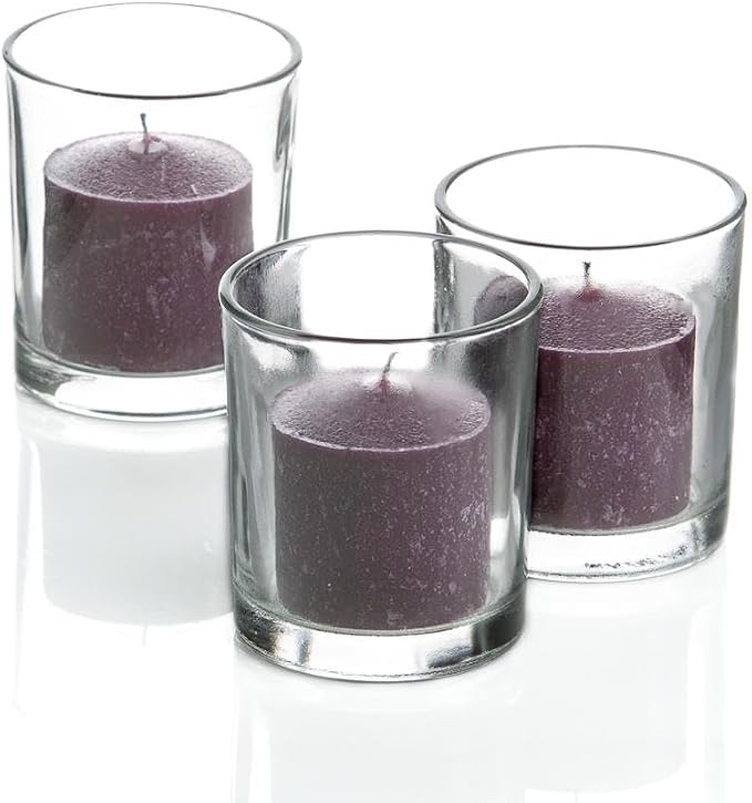 Set of 144 Richland Votive Candles Purple Unscented and 144 Clear Glass Eastland Votive Holders