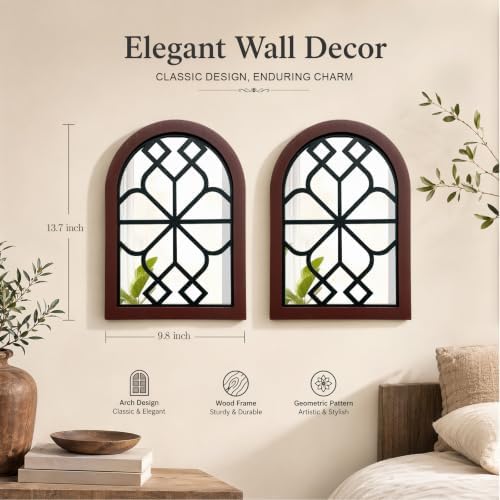 Set of 2 Arched Window Wall Mirror, Rustic Farmhouse Accent Mirror with Wood Frame Decorative Wall Art Mirror for Living Room Bathroom Bedroom Kitchen