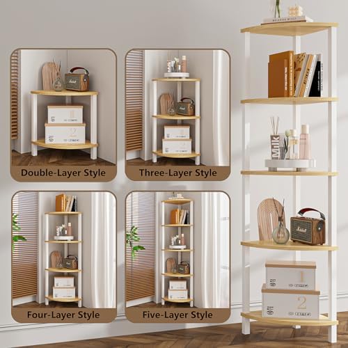 VIMBER Corner Shelf, 5-Tier Corner Bookshelf, Industrial Corner Ladder Shelf, Rustic Display Shelf for Living Room, Bedroom, Kitchen, Home Office, White and Nature Wood Color UJSJ001Q