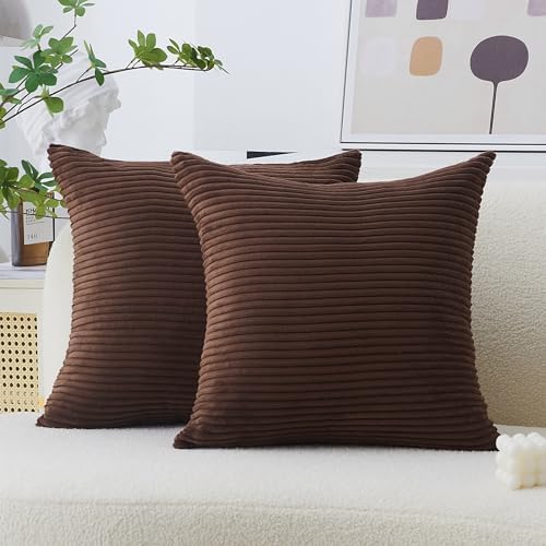 Home Brilliant 2 Packs Throw Pillows Covers 16x16 Striped Velvet Sofa Pillows Decorative Sets, 40cm, 16 x 16 Inch, Brown