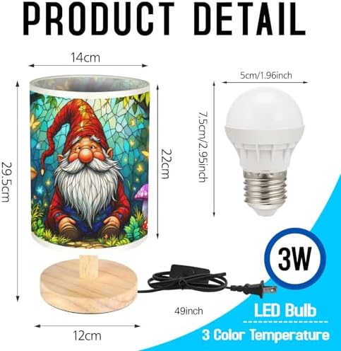 Gnome Table Lamp LED 3-Color Pressed Bedside, Gnome Shade Lamp with Wood Base for Bedroom Living Room Desk Office TL01