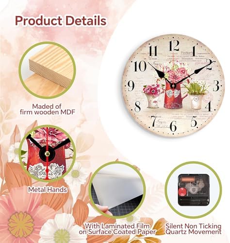 TAHEAT 8 Inch Plants Flowers Wall Clock, Small Vintage Kitchen Clocks Decorative, Rustic Battery Operated Wall Clocks for Living Room Bedroom Bathroom Office