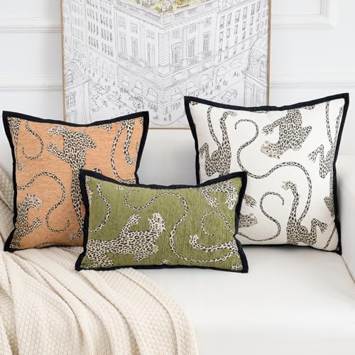 Premium Series, Snow Leopard Throw Pillow Covers, Animal Jacquard Cushion Cases for Home Decor, Chenille Velvet Double-Sided Designs, Brown Yellow, 18 x 18 inch, Covers Only