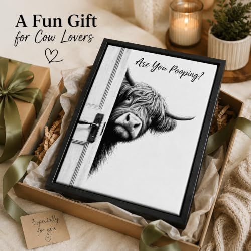 Framed Funny Bathroom Wall Art, Highland Cow Are You Pooping Canvas Print, Black and White Humor Bathroom Animal Decor for Restroom Toilet 8x10in