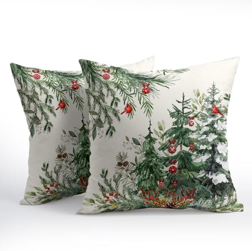 Green Christmas Tree Throw Pillow Covers 24x24 Inch Set of 2 Winter Pine Trees Red Berry Bells Birds Decorative Pillowcase Xmas Holiday Cotton Linen Cushion Cover for Home Sofa Couch Patio