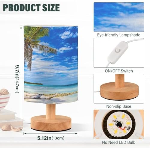 Table Lamp Tropical Beach White Sand Coconut Palm Tree Clear Blue Sky Ocean Nightstand Lamp with Wood Base Fabric Lamp Shade Bedside Desk Lamp for Living Room Bedroom Kids Room Office