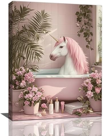 Pink Unicorn Bathroom Decor Wall Art Unicorn in Bathtub Canvas Prints Painting Cute Animal Bathing Pictures Artwork Home Decorations for Girls Restroom Framed Gifts 12"x16"