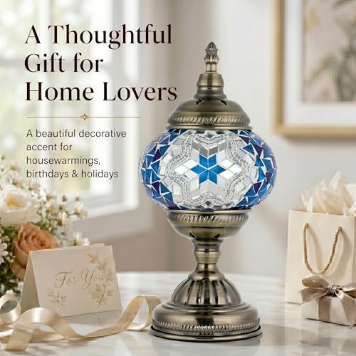 GOGERS Turkish Moroccan Table Lamp Lantern with Handmade Mosaic Glass Lampshade Tiffany Style Bohemian Stained Glass Decorative Desk Lamps Bedside Night Lights for Bedroom (Blue White)