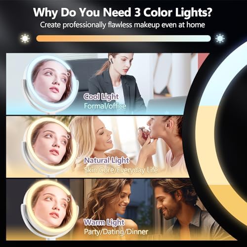 MIYADIVA Makeup Mirror with Lights,20X Magnifying Mirror with Light and Touch Switch,Vanity Mirror with 3 Color Light and 80 LEDs,2-Sided Lighted Magnified Mirror 8.8 Inches