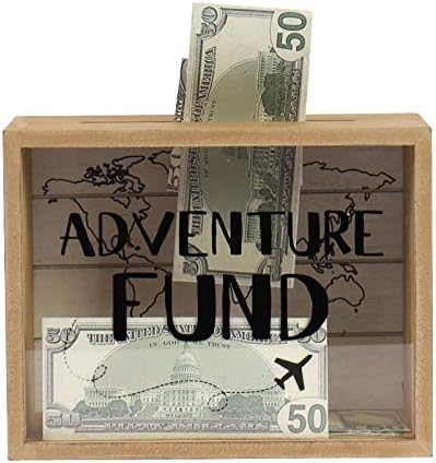 Hanna Roberts Card and Adventure Fund Wood Box with World Map and Plane Design for Weddings, Birthdays, Graduations, Baby and Bridal Showers, 9" x 5.5" x 7", Adventure Fund