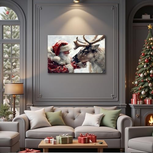 Santa's Reindeer Framed Christmas Canvas Wall Art for Living Room, Winter Pictures Wall Decor Painting Prints for Bedroom, Santa Christmas Art, 24x36 Poster Artwork for Wall Decorations