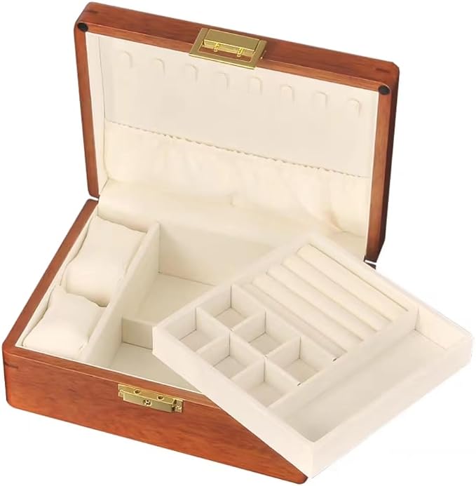 Bescott 2 Layer Solid Wooden Jewelry Box with Lock and Key for Women Men Vintage Velvet Wood Jewelry Organizer Storage for Earrings Rings Necklaces Bracelet Watch Mother’s Day Gift