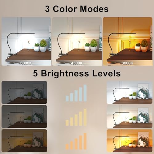 Mojimdo Desk Lamp with Remote, 3 Color & 5 Brightness & 77LED Dimmable Reading Lamp, 15.8'' Flexible Gooseneck Clamp Lamp, Eye-Caring Clip on Light with Adapter for Reading Study Workbench Drafting