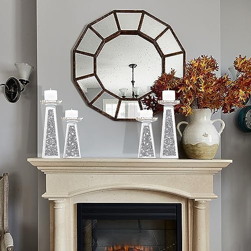 Wocred 2 Piece Candlestick Holders for Holding Pillar Candles, Crystal Crushed Diamond Candle Holders Set Decor for Dinning Room, Silver Glass Votive Candle Holders for Table Centerpiece(8”)