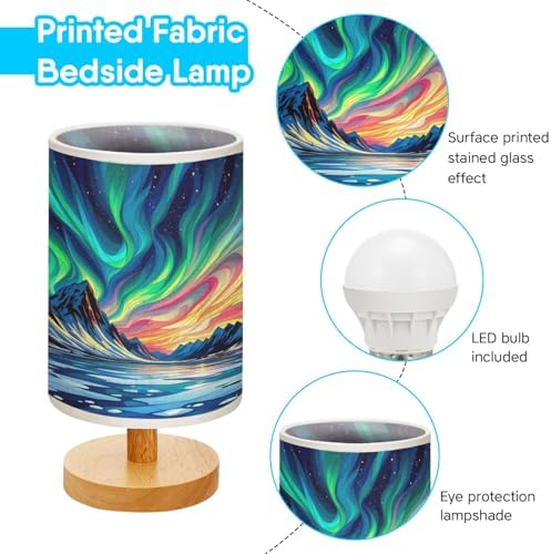 Aurora Night in The Polar Region Table Lamp LED 3-Color Pressed Bedside, Aurora Night in The Polar Region Shade Lamp with Wood Base for Bedroom Living Room Desk Office TL01