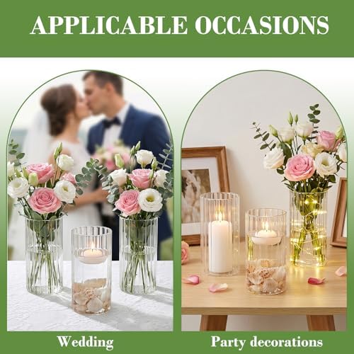 12 pcs Ribbed Glass Cylinder,6 inch Flower Vases for Centerpieces | Clear Glass Candle Cylinders, Flower Vase & Floating Candle Holder, Wedding Decorations, Dining Table & Home Décor Gift