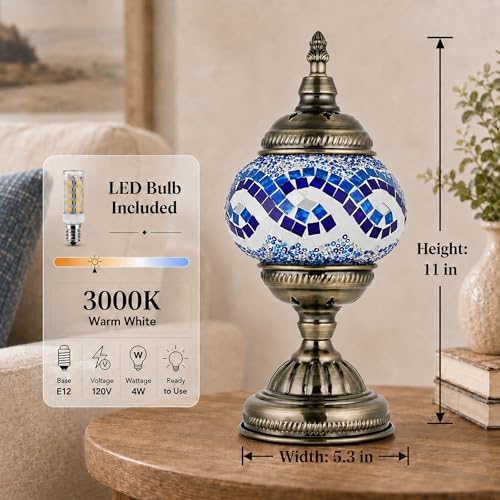 GOGERS Turkish Moroccan Table Lamp Lantern with Handmade Mosaic Glass Lampshade Tiffany Style Bohemian Stained Glass Decorative Desk Lamps Bedside Night Lights for Bedroom (White Multiple Blues)