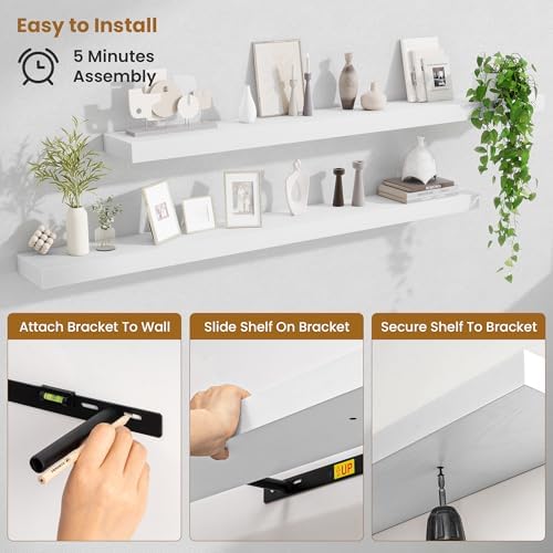 Fun Memories 67 Inch Fireplace Mantel Set of 2, Long Floating Shelf for Bedroom|Living Room, Wall Mounted Farmhouse Display with Invisible Heavy Duty Metal Bracket, White