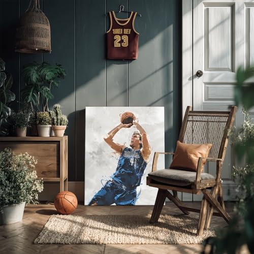 Dirk Nowitzki Basketball Canvas Wall Art, Sports Player Poster, 12x16 Inch | Abstract splash ink athletic artwork, motivational sports wall decor for teen boys room, bedroom, living room, gym or office