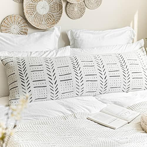 BlissBlush White Soft Chenille Boho Body Pillow Cover 20x54, Decorative Oversized Long Lumbar Pillow, Boho Textured Oversize Body Pillow, Cover ONLY
