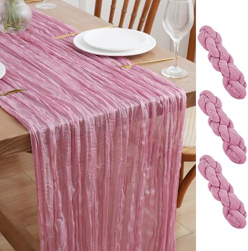 Asee'm 3pcs Pink Cheesecloth Table Runner Summer 10FT Gauze Sheer Rustic