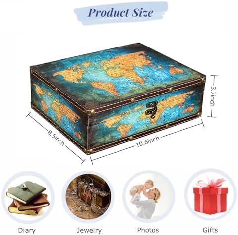 Treasure Box Vintage Wooden + PU Leather Decorative Trinket Jewelry Box Memento Case Box Keepsake Box Gifts For Kids Girls Women Men Home Decor (Map/Green, Medium)