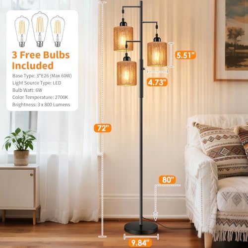 Hotsonic 72" Boho Rattan Tree Floor Lamp, Tall Dimmable Industrial Standing Lamp, Corner Decor Accent Lighting for Living Room, Bedroom, Dining Room, Nursery, Cafe (3 x 800LM Bulbs Included) - Black