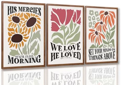 Framed Christian Bible Scripture Wall Art Set of 3 12x16 Inch | Flower Marke Pictures Decor Inspirational Paintings Religious Verses Canvas Prints, Artwork for Christian Women & Teen Girls