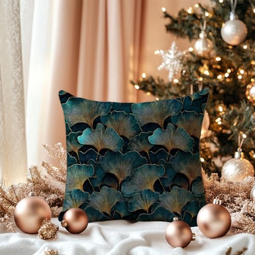 Dark Teal and Gold Ginkgo Leaf Throw Pillow Cover 18x18