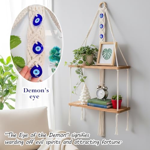 Macrame Hanging Shelf Boho Wall Decor - 2 Tier Handmade Cotton Rope & Rustic Wood Floating Shelves with Evil Eye Charms, Display Photos Plants, Bohemian Storage for Living Room, Bathroom (27"L)