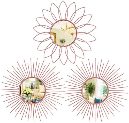 3 Pack Metal Mirrors for Wall Sunburst Wall Mirrors Home Décor Decorative Hanging Wall Art for Living Room Bedroom Entryway (Pink, Flower+Sunburst)
