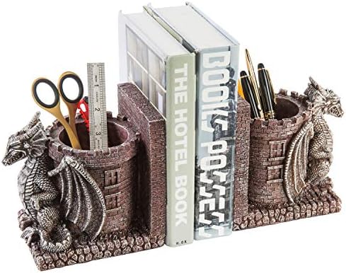 Bookends Dragon,Guard Castle Resin Decorative Bookends for Heavy Books with Pencil Holders, Fantasy Themed Book Holder for Home and Office