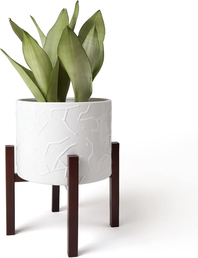 LA JOLIE MUSE Ceramic Pot for Plants, 10 Inch Indoor Planter with Stand | Decorative Plant Pot with Wood Stand and Drainage Hole, Flower Pots for Indoor Plants, Living room, Bedroom, Home Decor