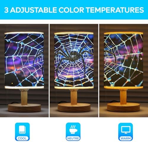 Spider Table Lamp LED 3-Color Pressed Bedside, Spider Shade Lamp with Wood Base for Bedroom Living Room Desk Office TL01