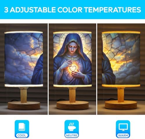 Our Lady of Sorrows Table Lamp LED 3-Color Pressed Bedside, Our Lady of Sorrows Shade Lamp with Wood Base for Bedroom Living Room Desk Office TL01