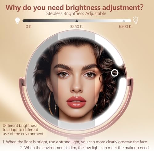 MIYADIVA Makeup Mirror with Lights,20X Magnifying Mirror with Light and Touch Switch, 2-Sided Vanity Mirror with 3 Colors and 80 LEDs, Metallic Rose Gold