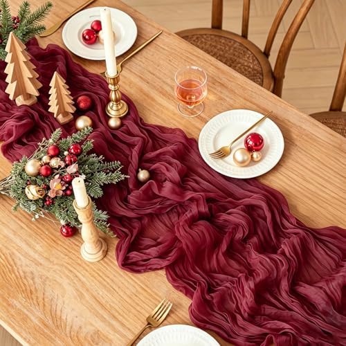 3Pcs Burgundy Table Runner, 10FT Boho Rustic Burgundy Maroon Table Runner 120inch Cheese Cloth Red Runner for Wedding Christmas Birthday Holiday Party Decorations