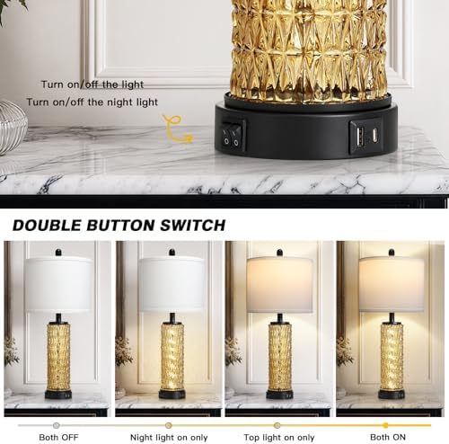 28" Crystal Table Lamp Set of 2, Bedside Lamp with LED Night Light & USB A+C Charging Ports, Glass Lamps for Bedroom Living Room Nightstand Office, 2 Bulbs Included
