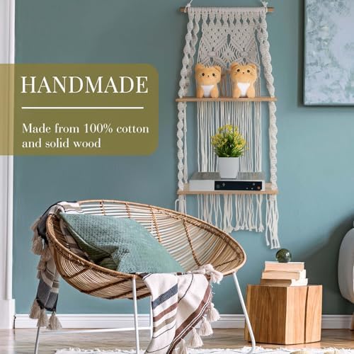 Barydat 1 Pack Macrame Wall Hanging Shelf 2 Tier Handmade Boho Hanging Wall Shelf Floating Woven Rope Decorative Storage Racks Holder Organizer for Home Bedroom Bathroom Plants, Beige (Elegant)