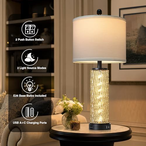 28" Crystal Table Lamp Set of 2, Bedside Lamp with LED Night Light & USB A+C Charging Ports, Glass Lamps for Bedroom Living Room Nightstand Office, 2 Bulbs Included