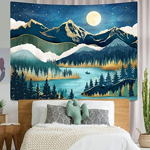 Accnicc Mountain Tapestry Nature Forest Tree Tapestries for Bedroom Aesthetic Starry Night Moon Stars Tapestrys Wall Hanging Teal Abstract Wall Tapestry for Dorm Living Room (Teal, 48'' × 36'')